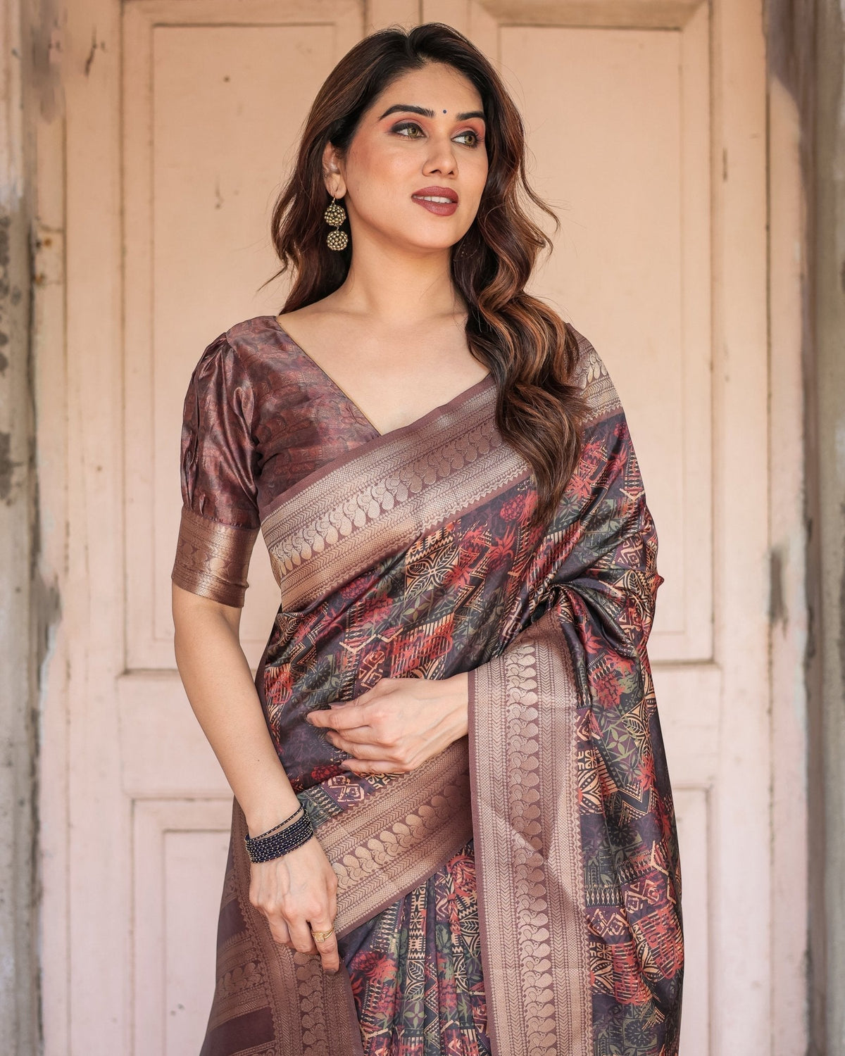 Rich Chocolate Banarasi Silk Saree with Geometric Print and Zari