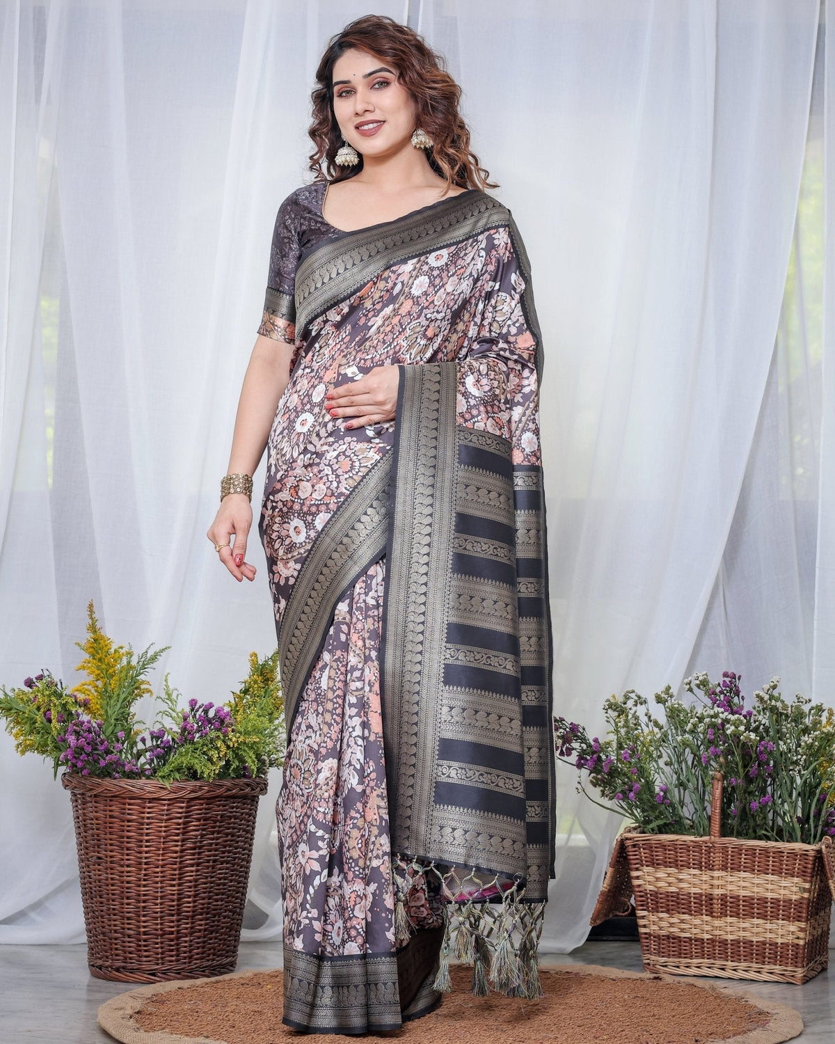 Exquisite Black and Pink Floral Banarasi Silk Saree with Intricate