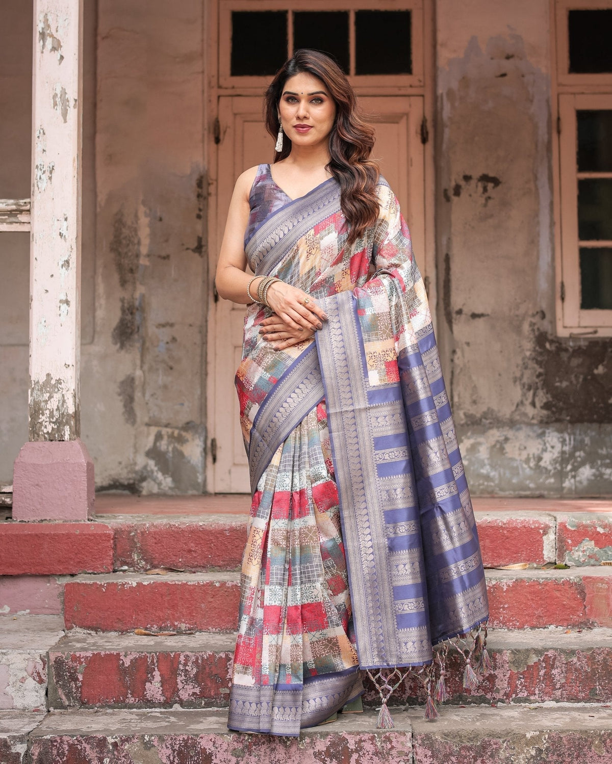 Multicolor Banarasi Silk Saree with Abstract Checkered Print &