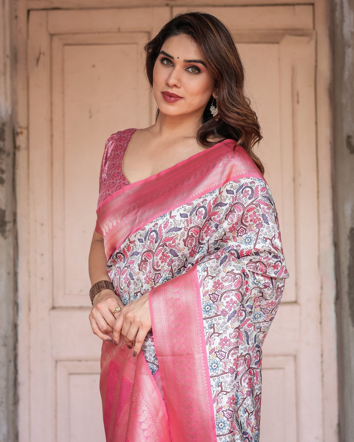 Pink Banarasi Silk Saree with Vibrant Floral Digital Print & Elegant