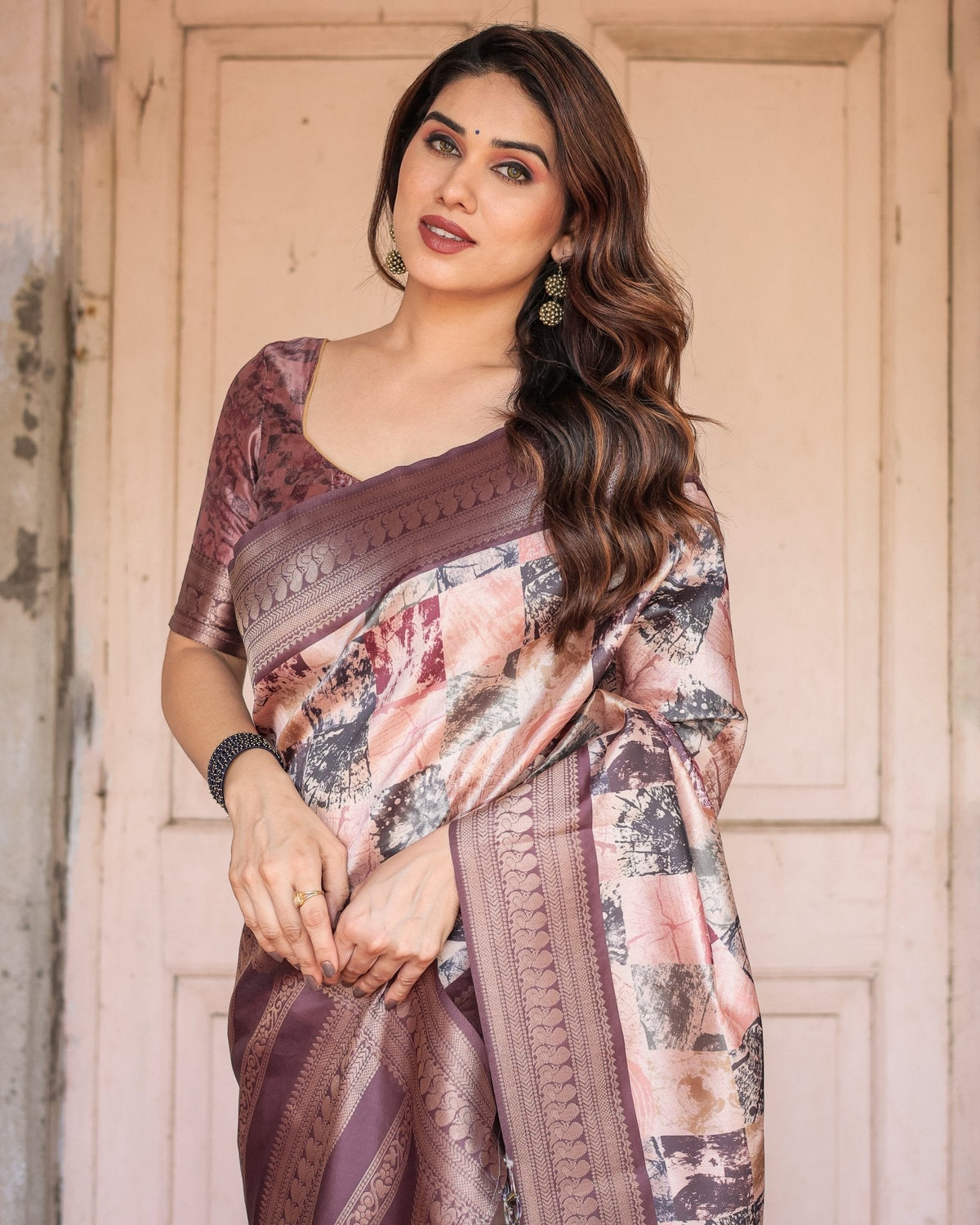 Mauve Banarasi Silk Saree with Abstract Checkered Digital Print & Zari