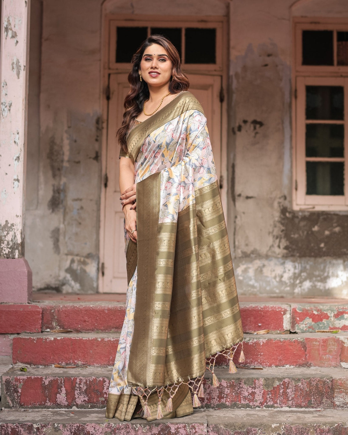 Ivory Banarasi Silk Saree with Gold Zari Border and Multicolor Floral