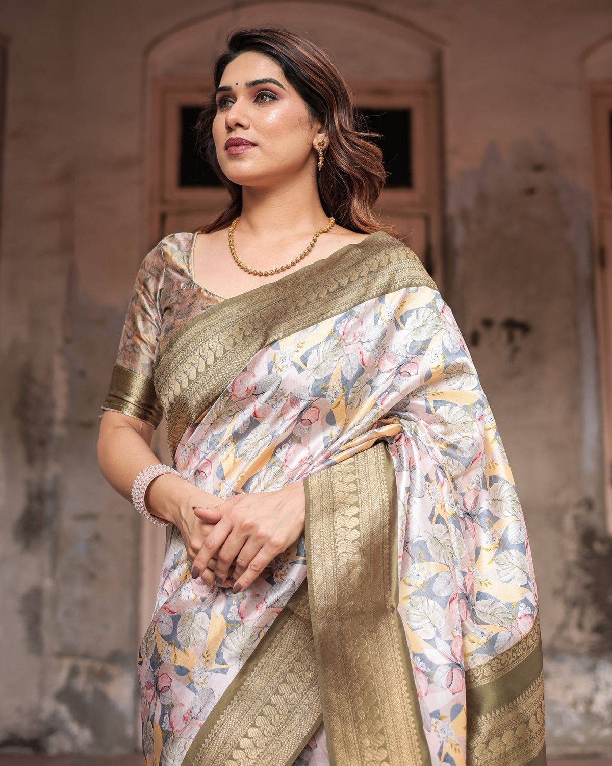 Ivory Banarasi Silk Saree with Gold Zari Border and Multicolor Floral