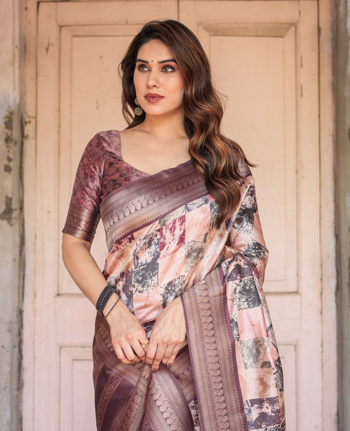 Mauve Banarasi Silk Saree with Abstract Checkered Digital Print & Zari