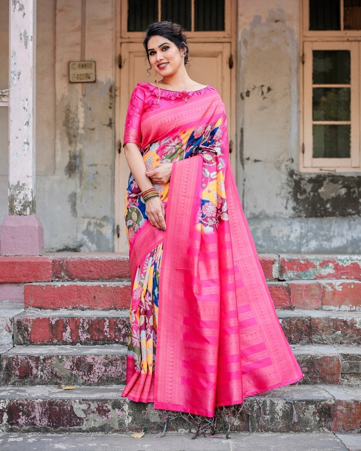 Hot Pink Multicolor Floral Digital Printed Banarasi Silk Saree with