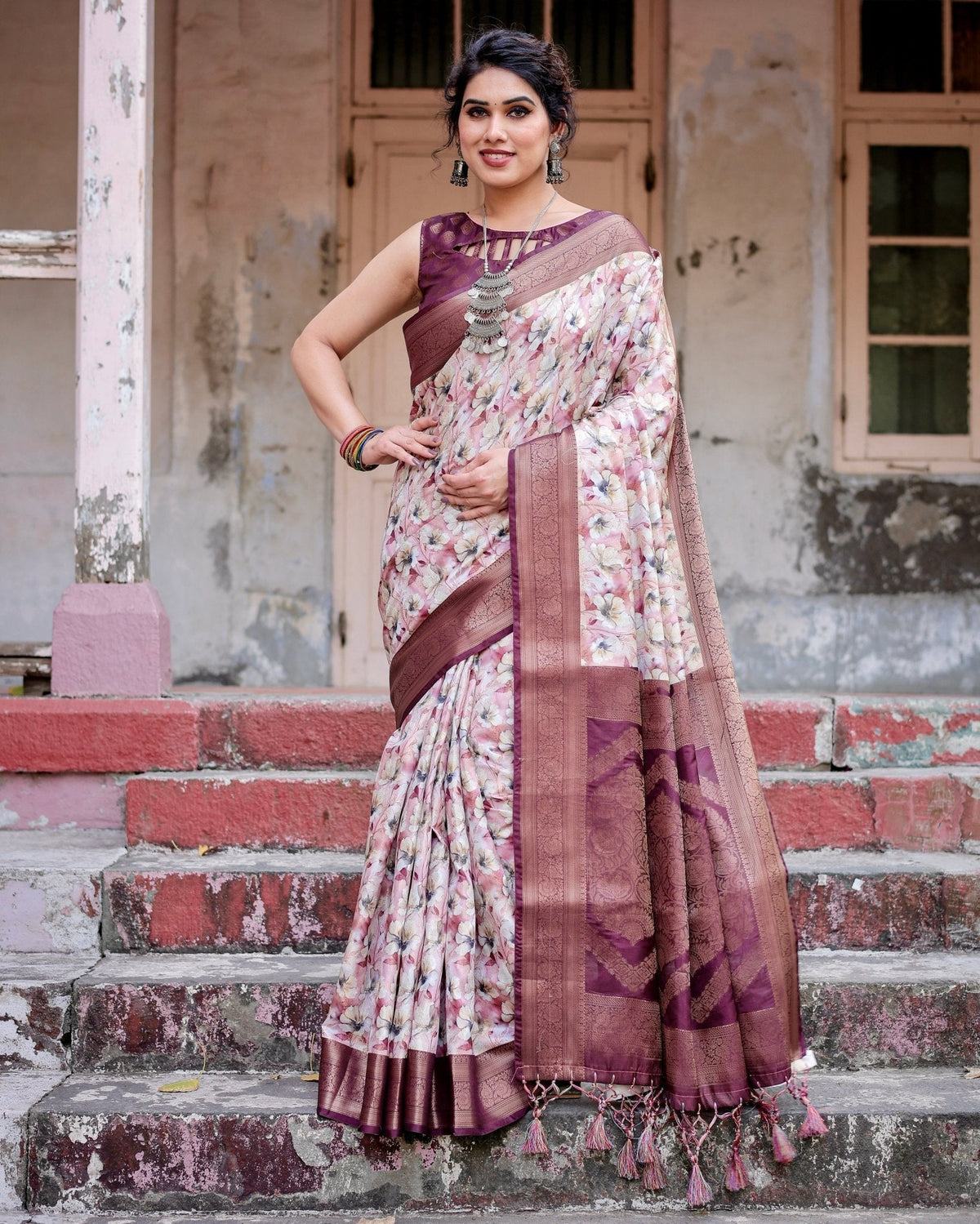 Elegant Wine Floral Banarasi Silk Saree with Zari Weave and Tassels
