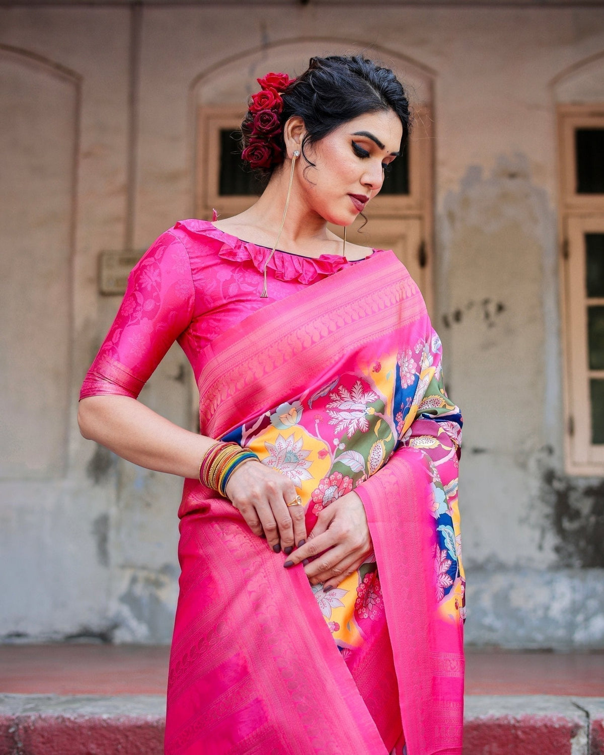 Hot Pink Multicolor Floral Digital Printed Banarasi Silk Saree with