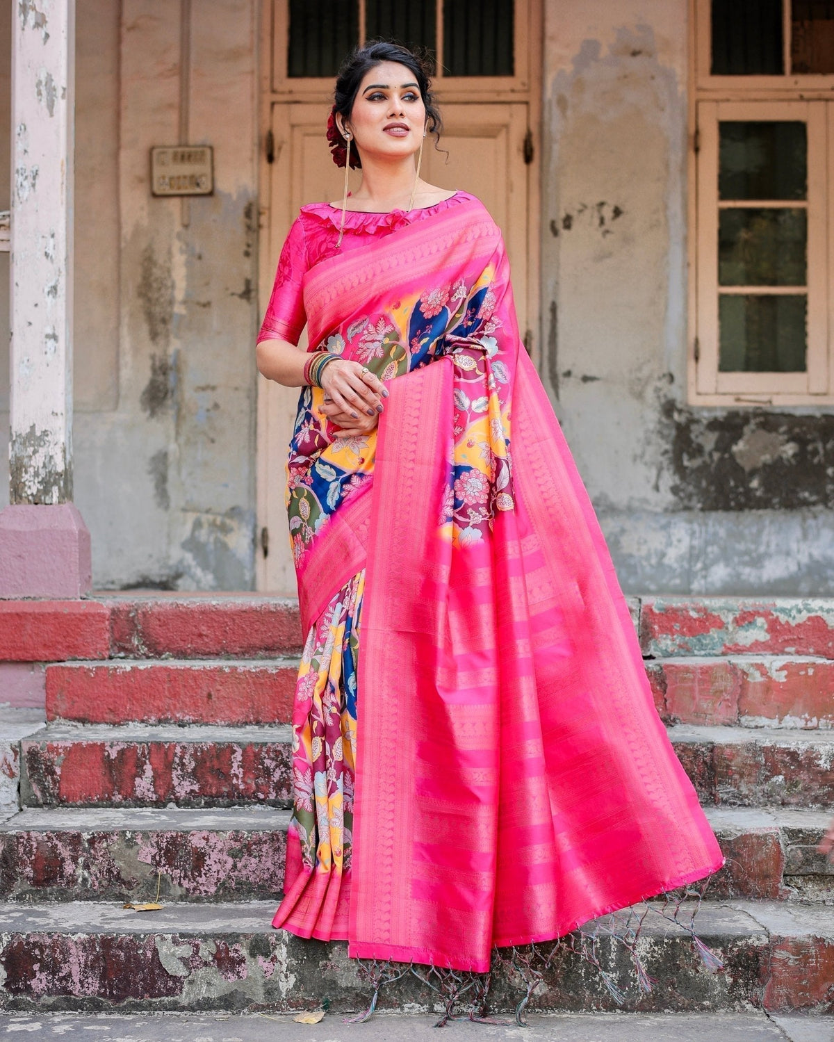 Hot Pink Multicolor Floral Digital Printed Banarasi Silk Saree with