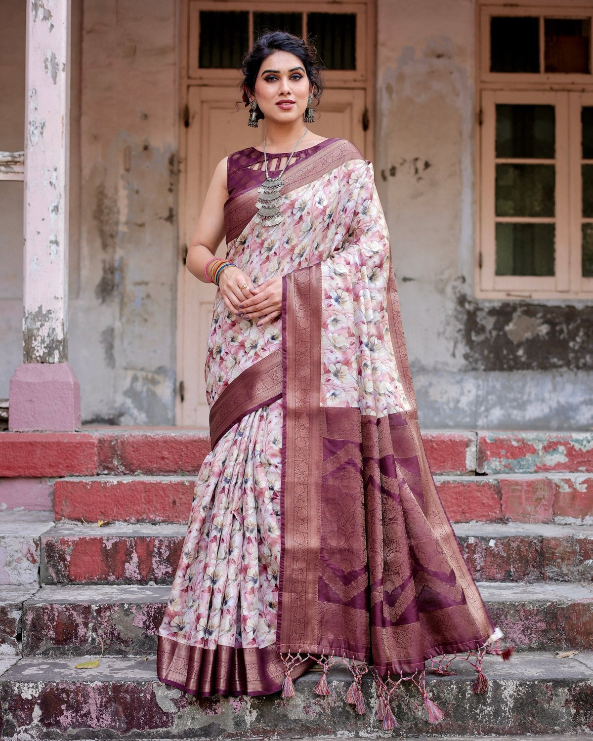 Elegant Wine Floral Banarasi Silk Saree with Zari Weave and Tassels