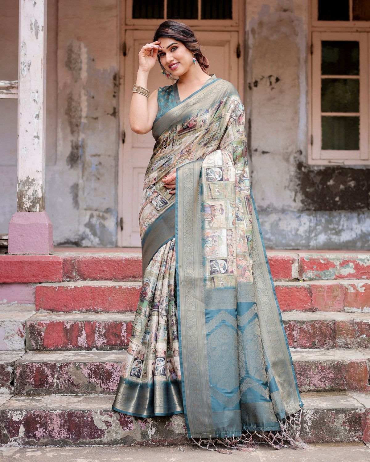 Graceful Teal Banarasi Silk Saree with Digital Vintage Prints and Zari