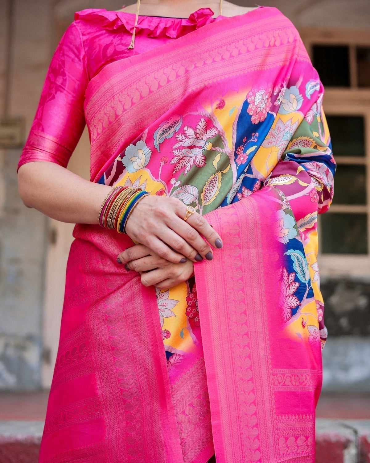 Hot Pink Multicolor Floral Digital Printed Banarasi Silk Saree with
