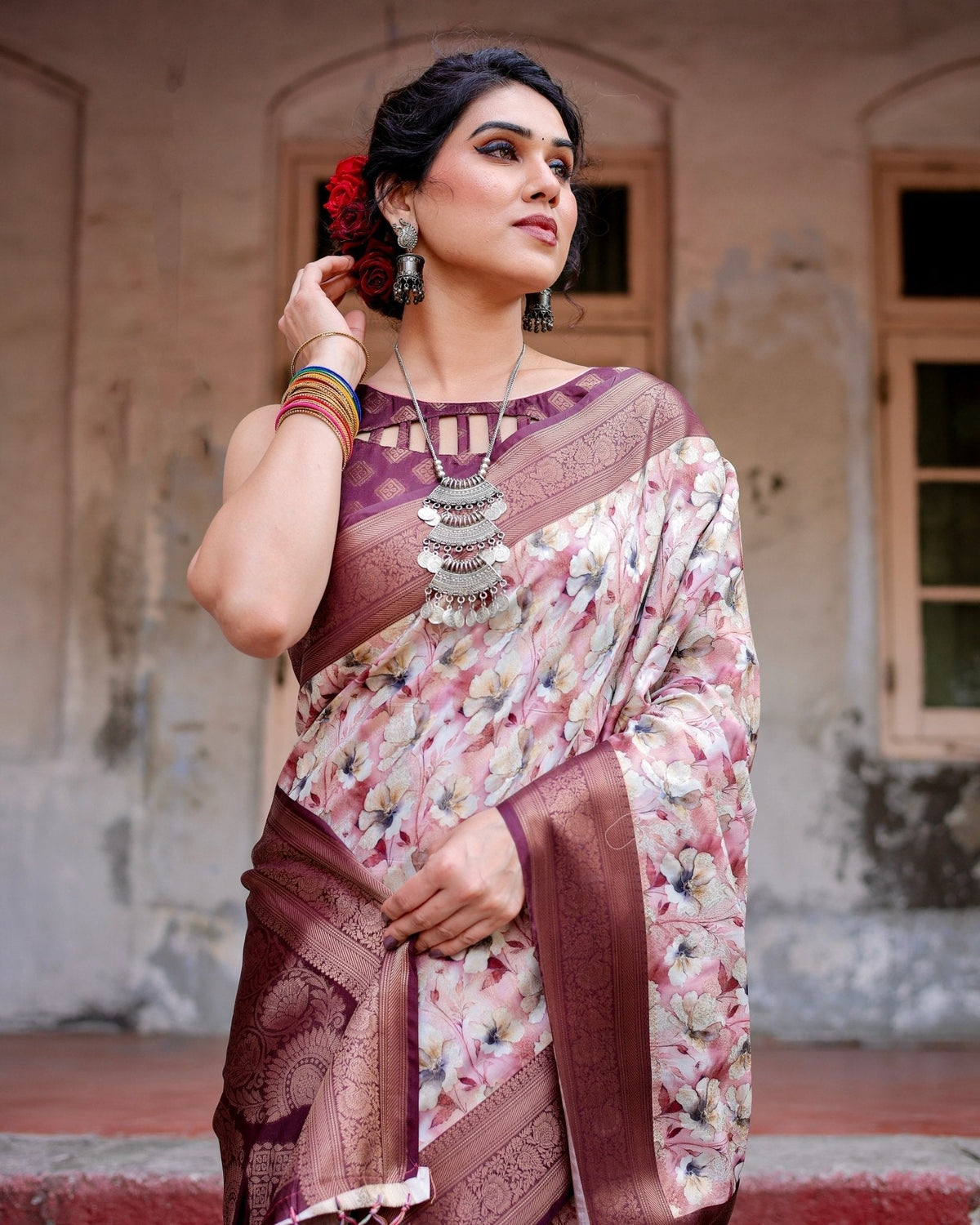Elegant Wine Floral Banarasi Silk Saree with Zari Weave and Tassels