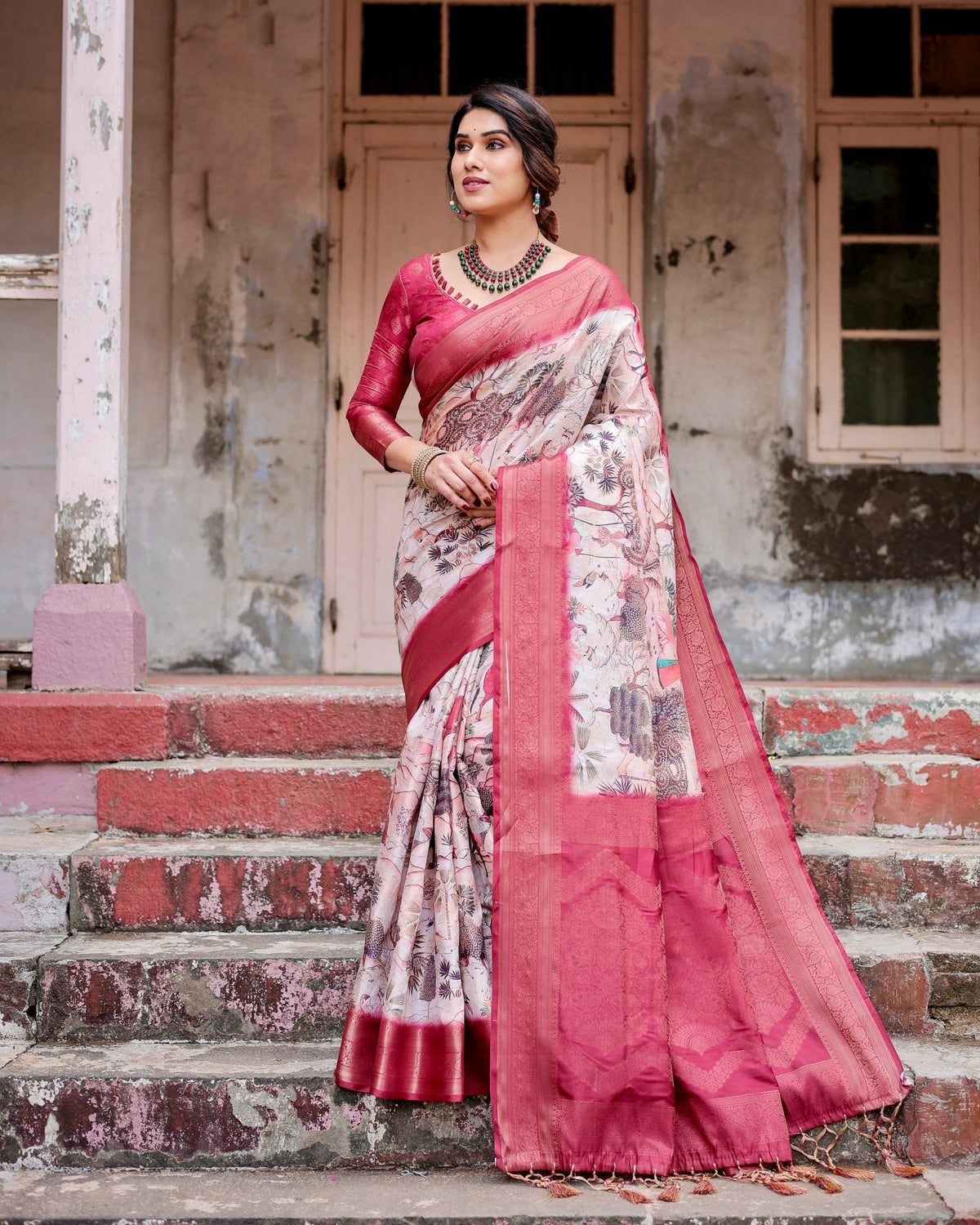 Graceful Fuchsia Pink Banarasi Silk Saree with Digital Forest Scenery