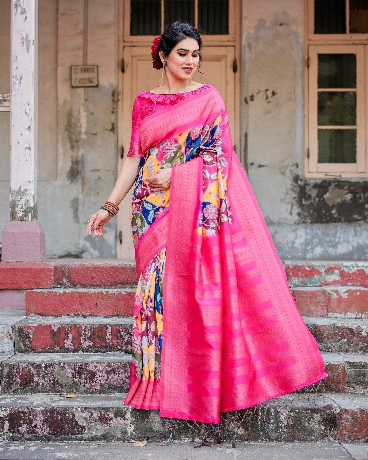 Hot Pink Multicolor Floral Digital Printed Banarasi Silk Saree with