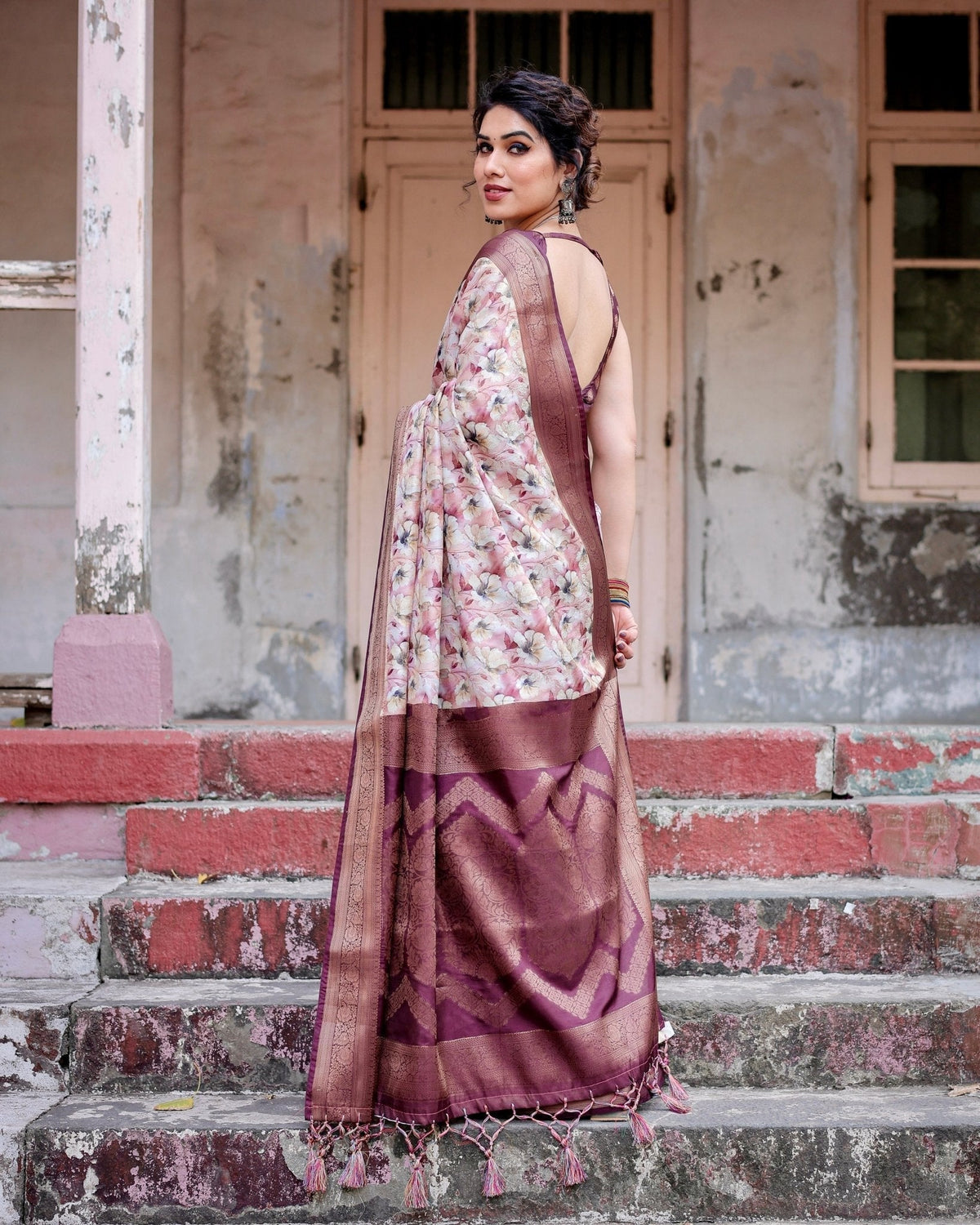 Elegant Wine Floral Banarasi Silk Saree with Zari Weave and Tassels