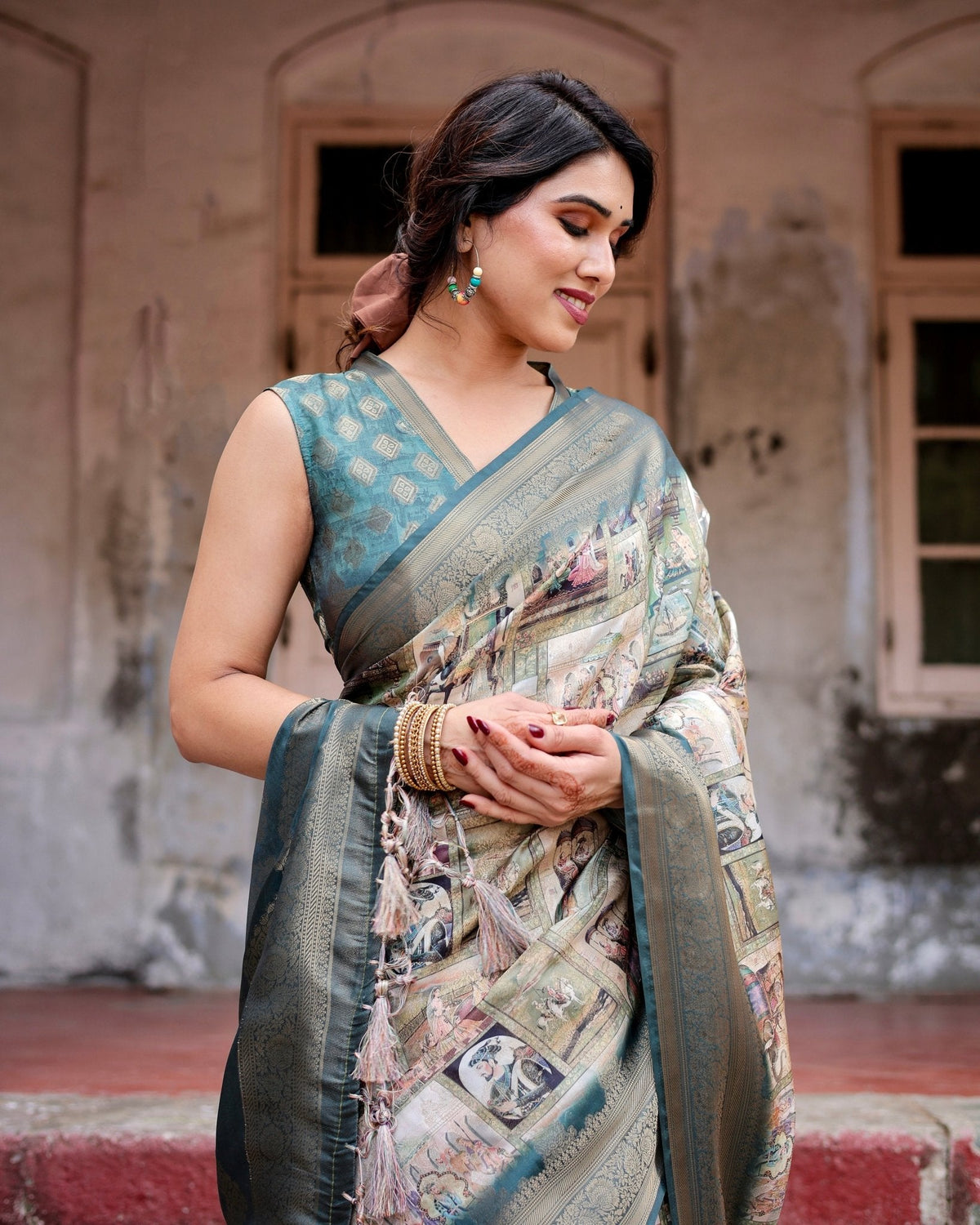 Graceful Teal Banarasi Silk Saree with Digital Vintage Prints and Zari