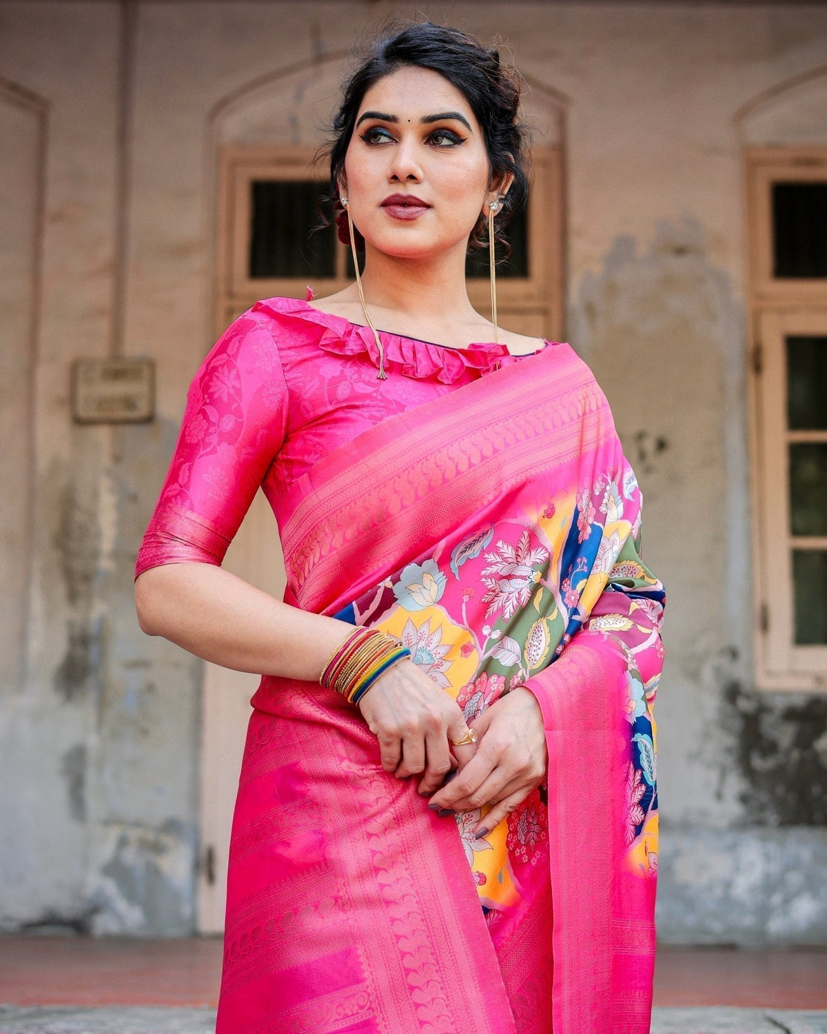 Hot Pink Multicolor Floral Digital Printed Banarasi Silk Saree with