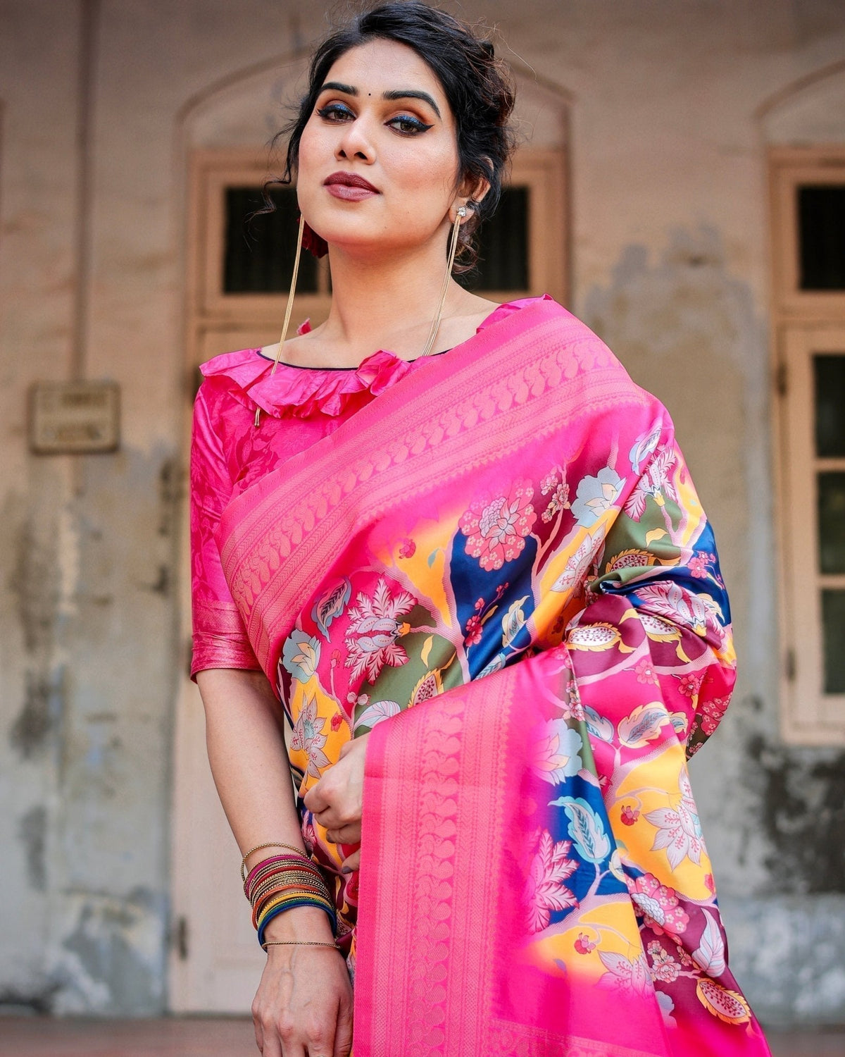 Hot Pink Multicolor Floral Digital Printed Banarasi Silk Saree with