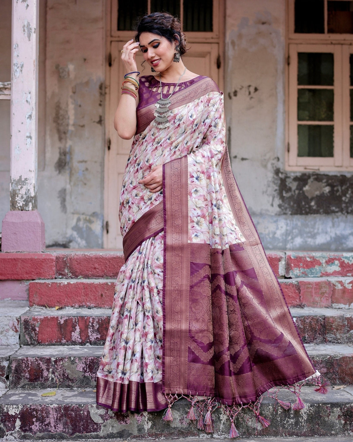Elegant Wine Floral Banarasi Silk Saree with Zari Weave and Tassels