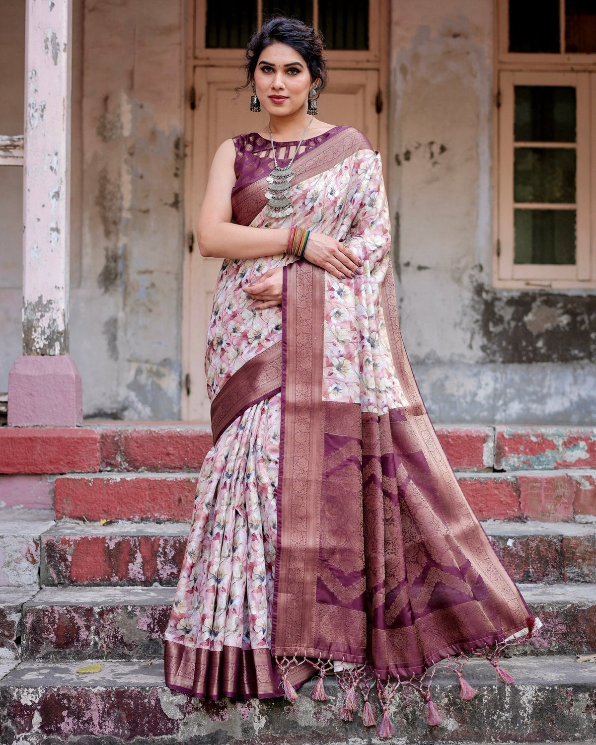 Elegant Wine Floral Banarasi Silk Saree with Zari Weave and Tassels