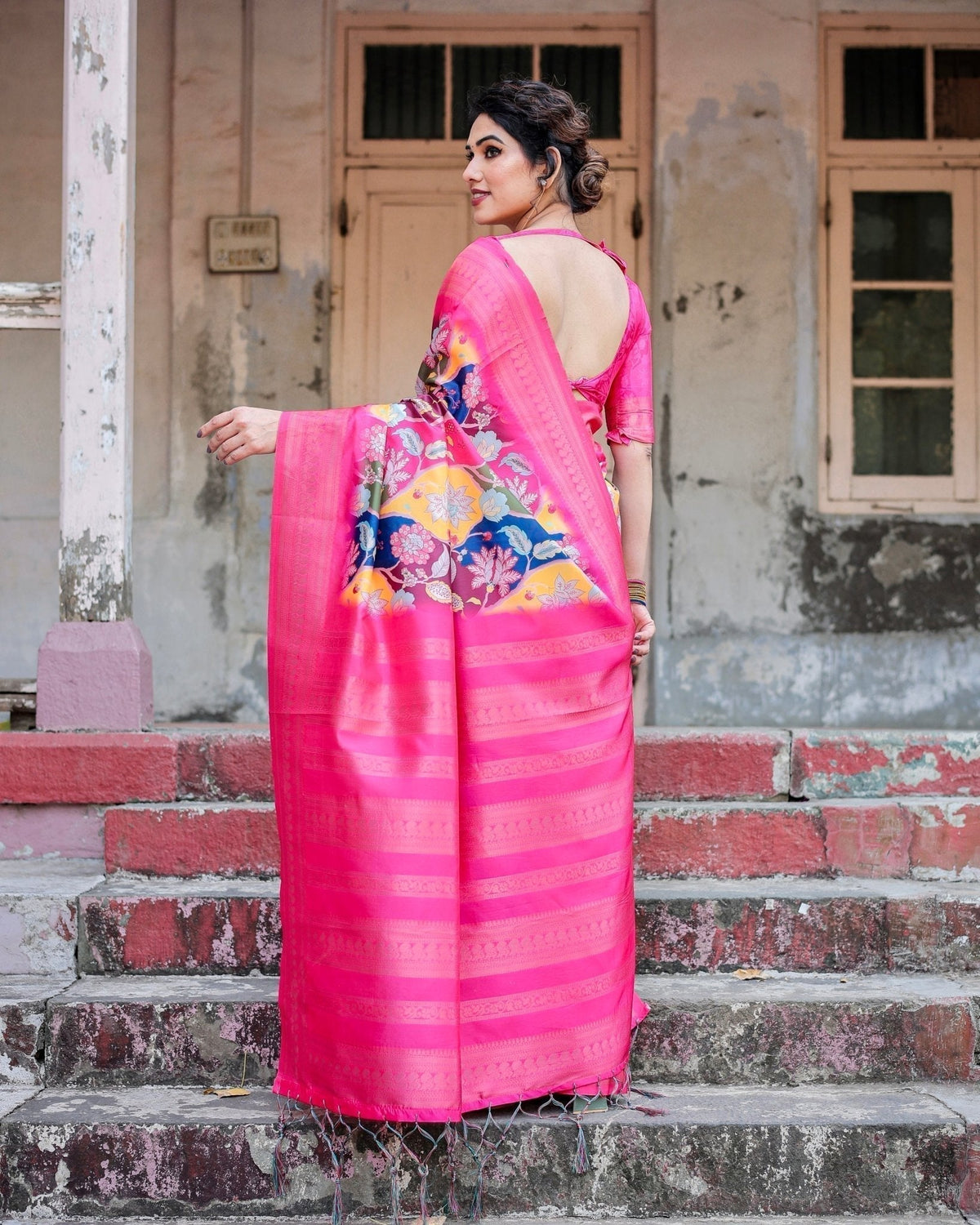 Hot Pink Multicolor Floral Digital Printed Banarasi Silk Saree with