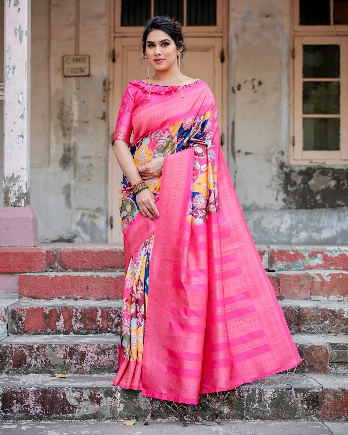 Hot Pink Multicolor Floral Digital Printed Banarasi Silk Saree with