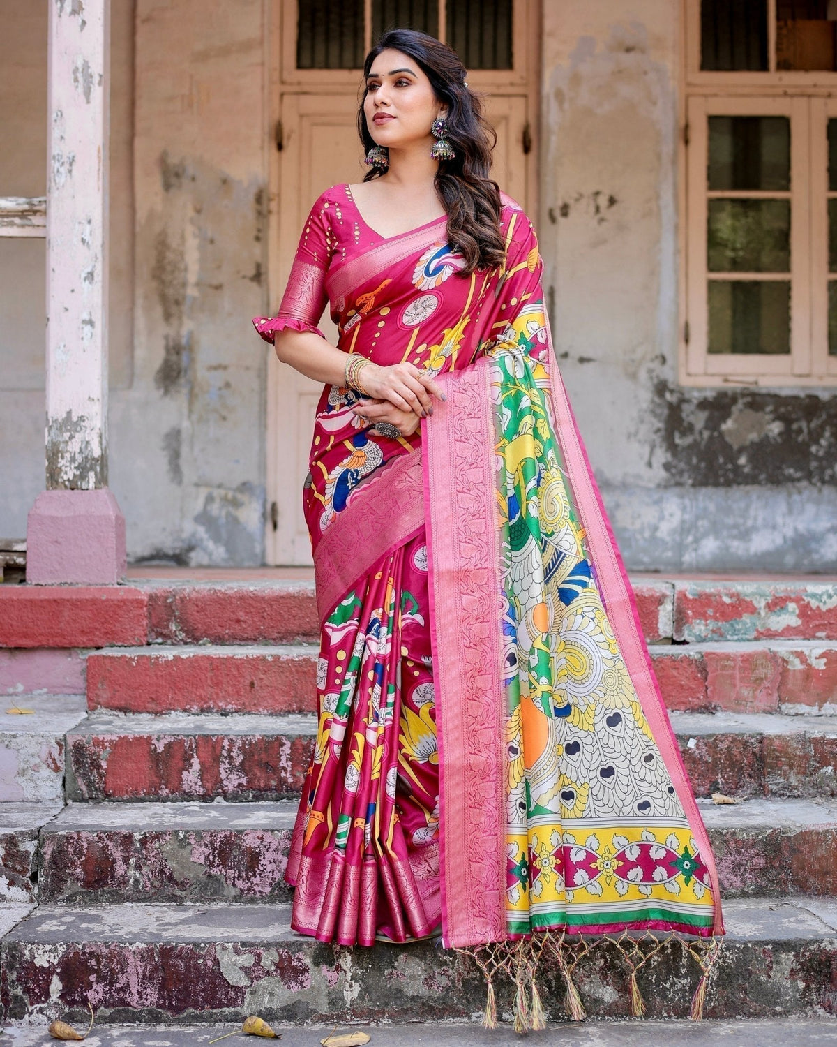 Magenta Tussar Silk Saree with Artistic Peacock & Floral Kalamkari