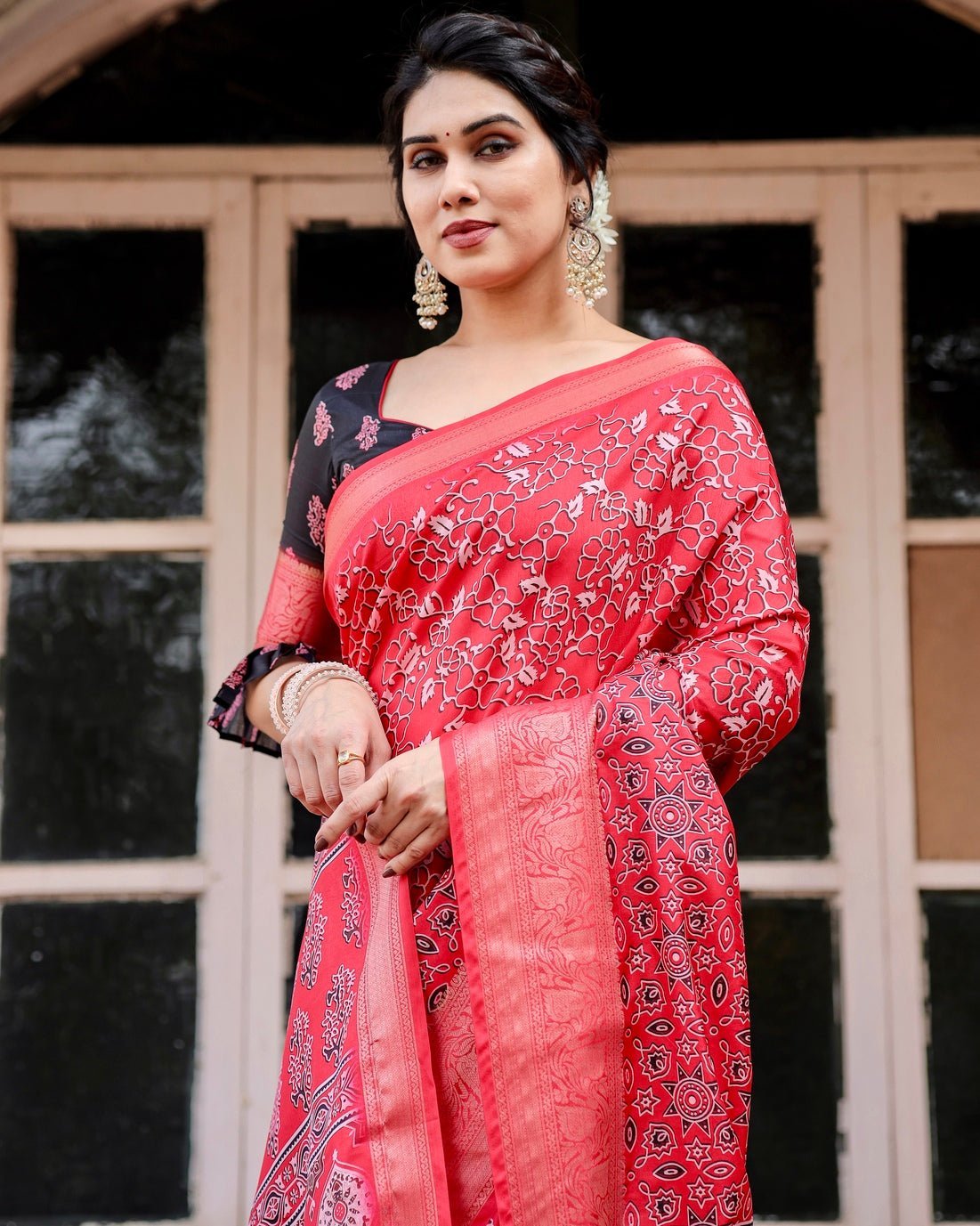 Fiery Red Tussar Silk Saree with Ornamental Motifs and Detailed Zari