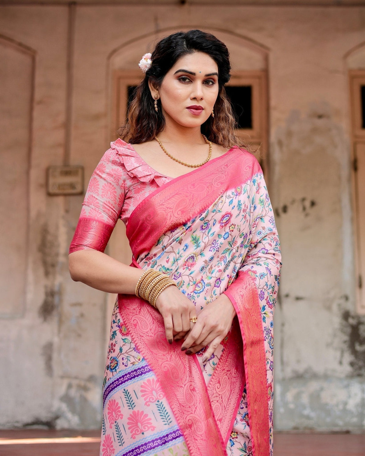 Blush Pink Tussar Silk Saree with Multicolor Floral Design and Zari