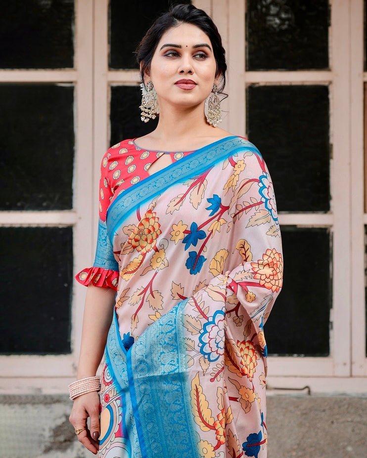 Beige and Red Tussar Silk Saree with Divine Motifs and Floral Zari