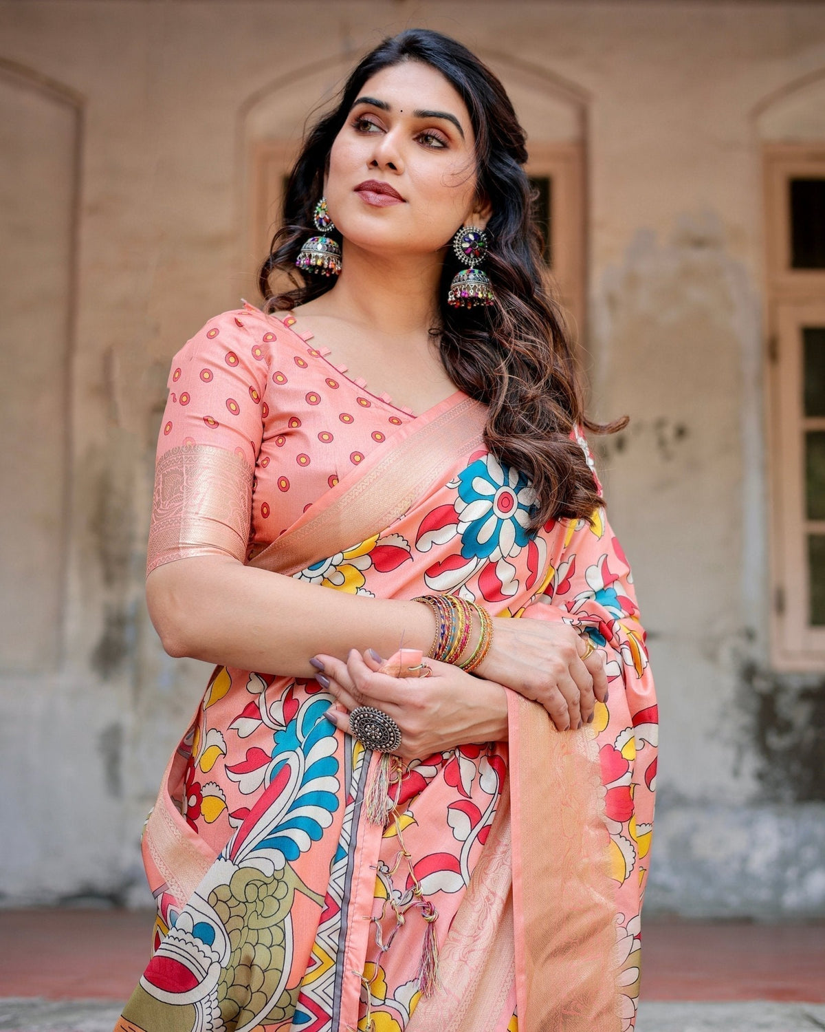 Peach Tussar Silk Saree with Vibrant Floral Kalamkari and Zari