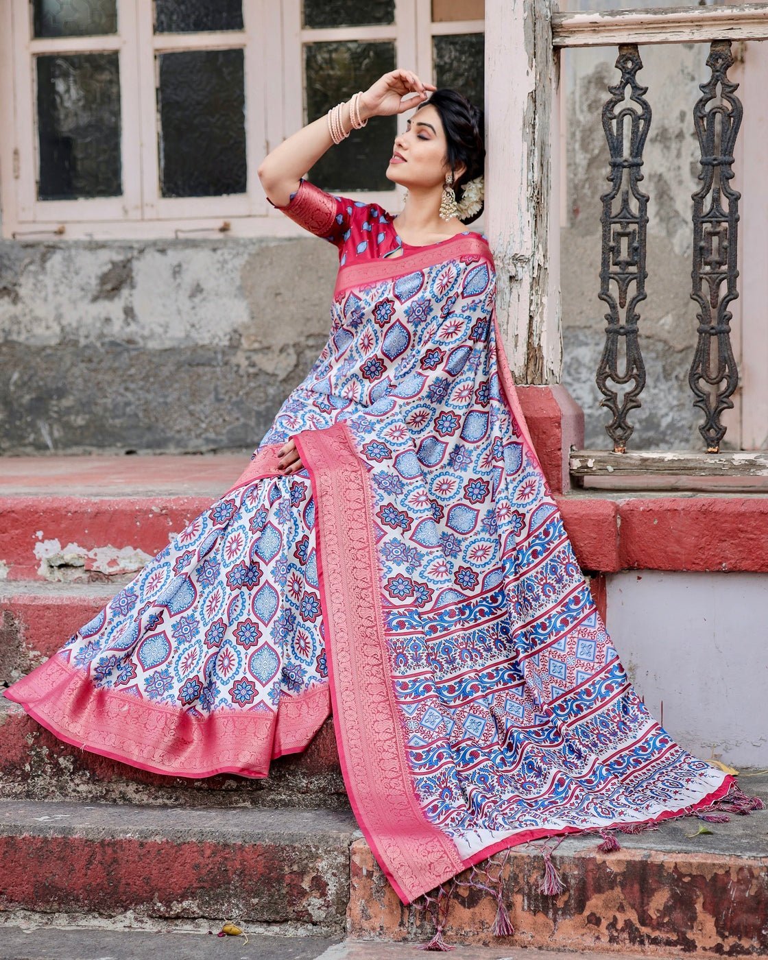 White and Red Tussar Silk Saree with Vibrant Floral Geometric Motifs
