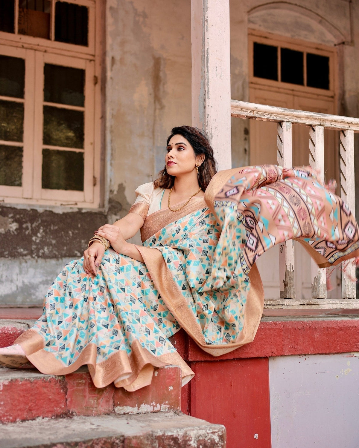 Contemporary Beige Tussar Silk Saree with Geometric Triangle Print and