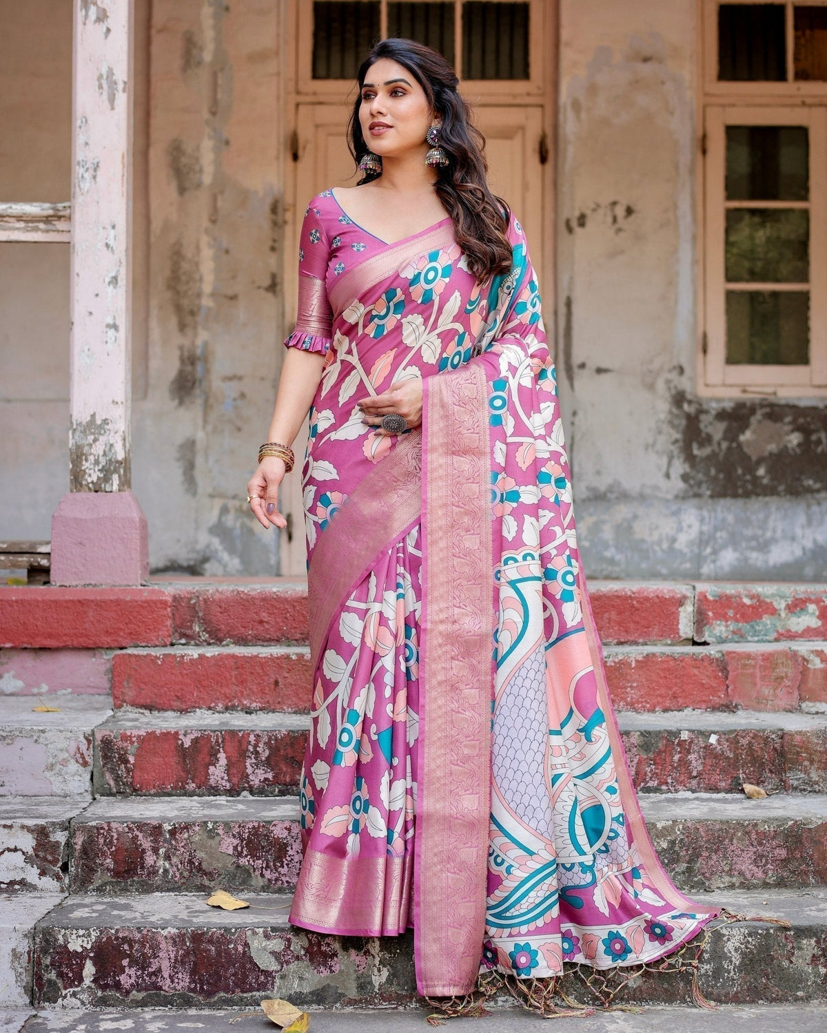 Blush Pink Tussar Silk Saree with Elegant Peacock and Floral Kalamkari