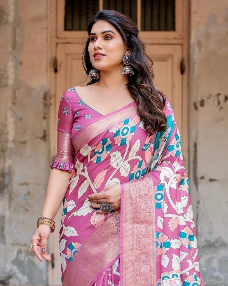 Blush Pink Tussar Silk Saree with Elegant Peacock and Floral Kalamkari