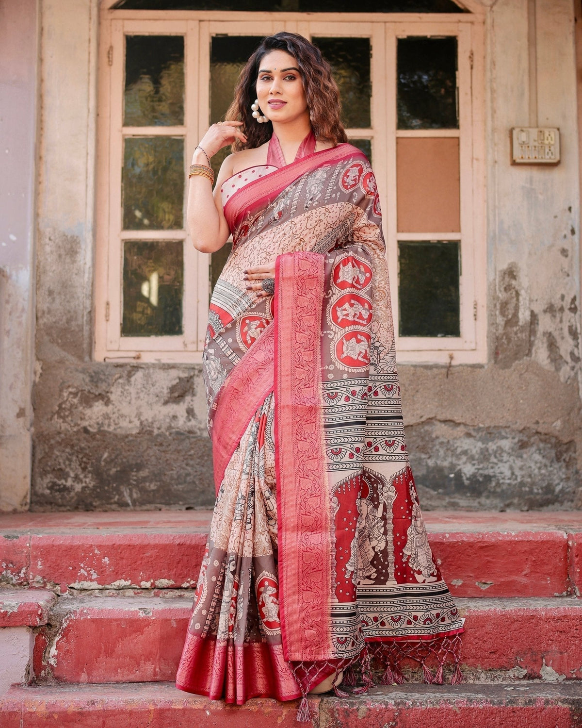 Beige and Red Tussar Silk Saree with Traditional Motifs and Ornamental