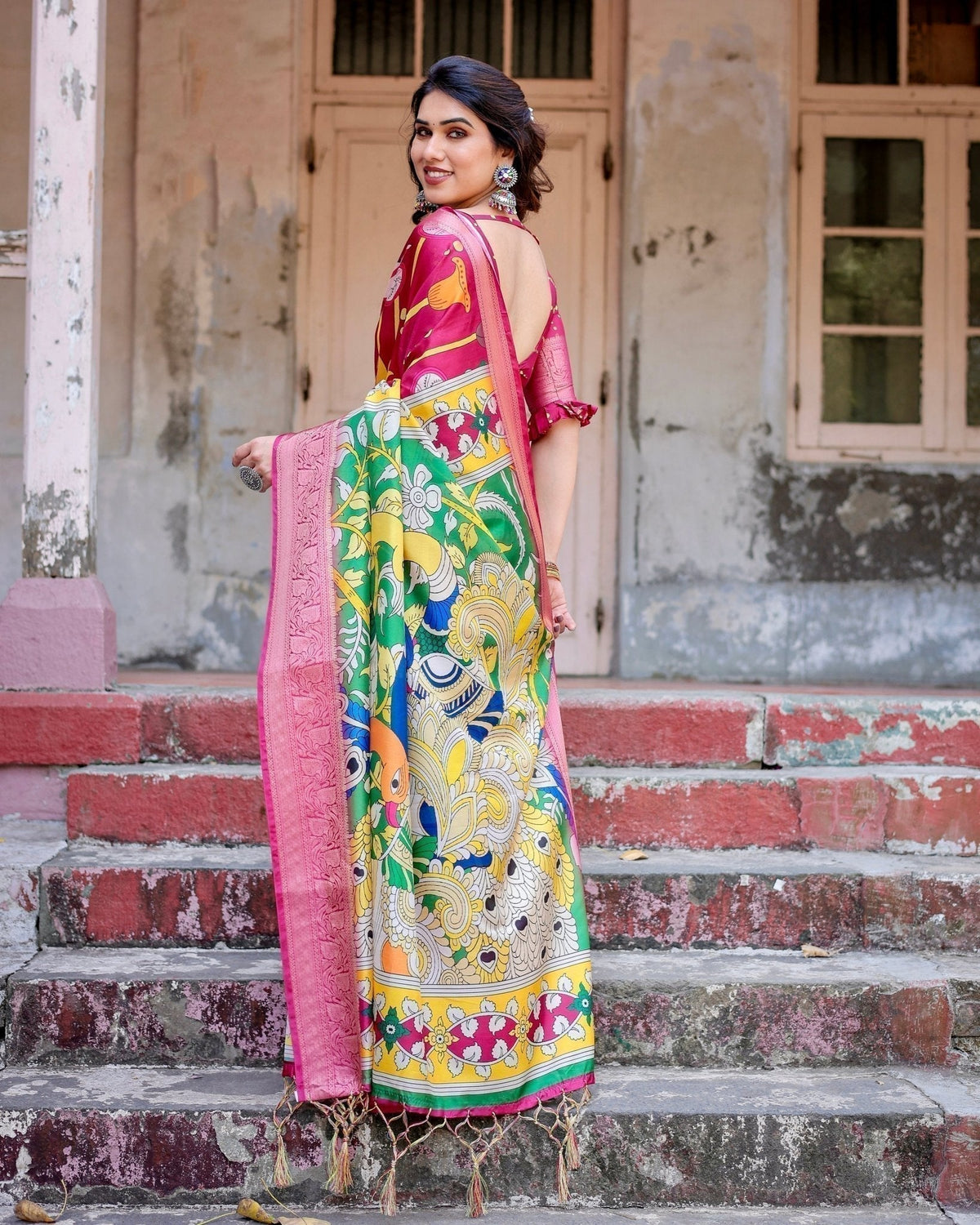 Magenta Tussar Silk Saree with Artistic Peacock & Floral Kalamkari