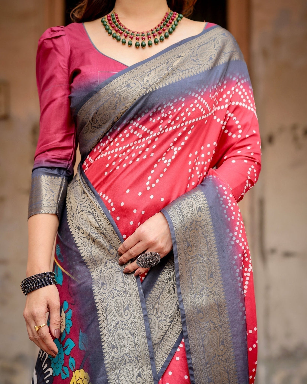 Crimson Red Tussar Silk Saree with Bandhani Patterns, Zari Border, and