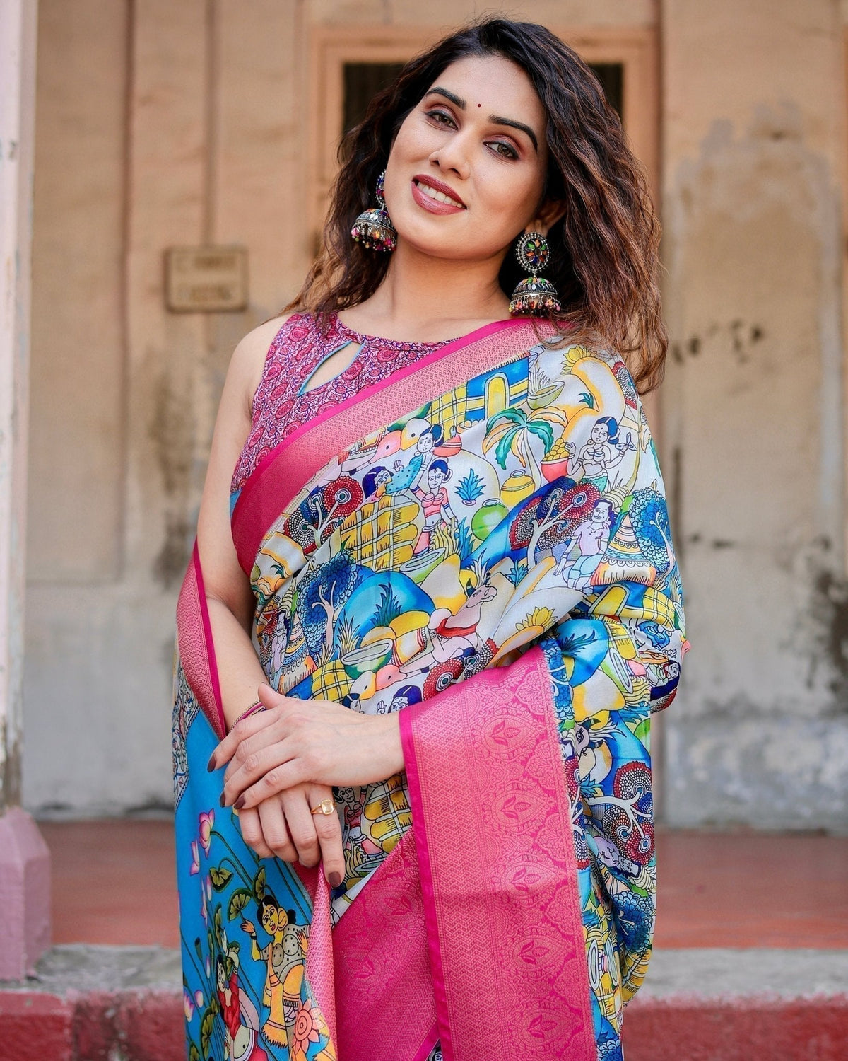 Vibrant Multicolor Digital Printed Tussar Silk Saree with Pink Zari