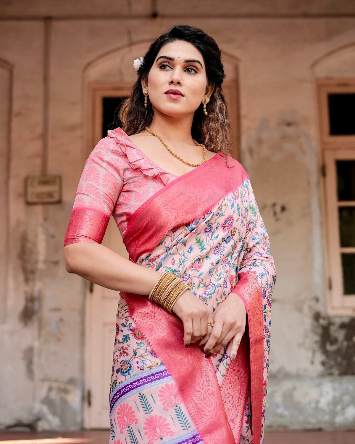 Blush Pink Tussar Silk Saree with Multicolor Floral Design and Zari