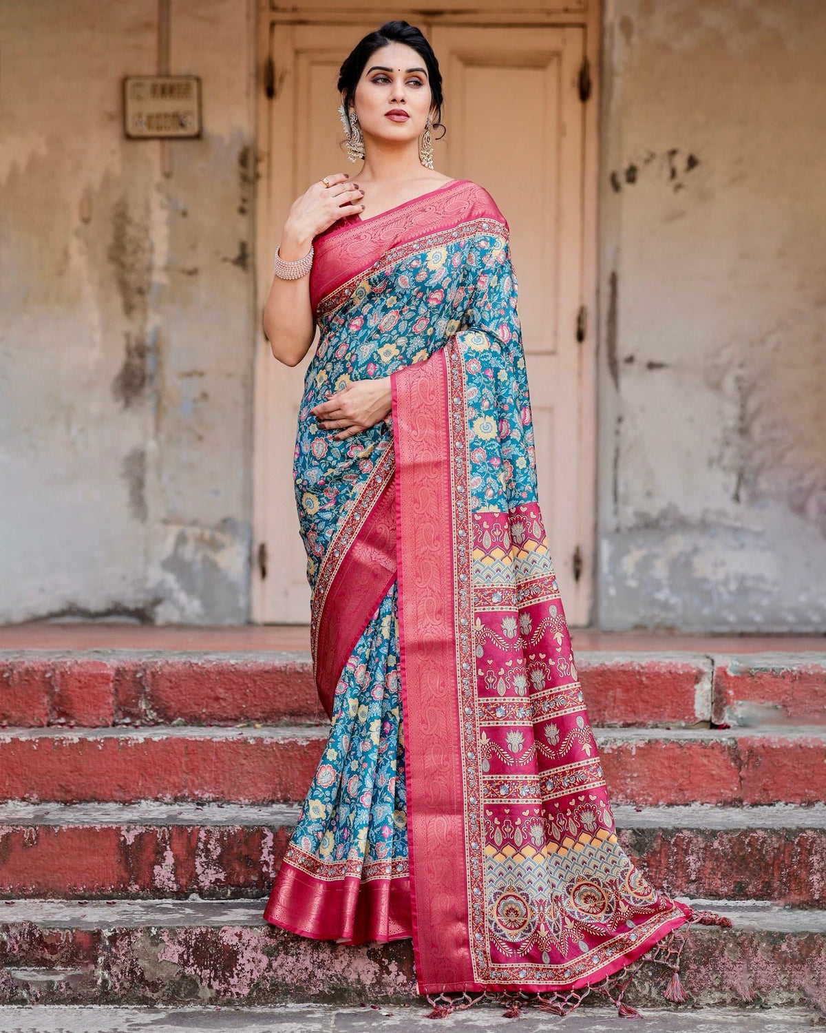 Teal Blue and Coral Tussar Silk Saree with Vibrant Floral Motifs and