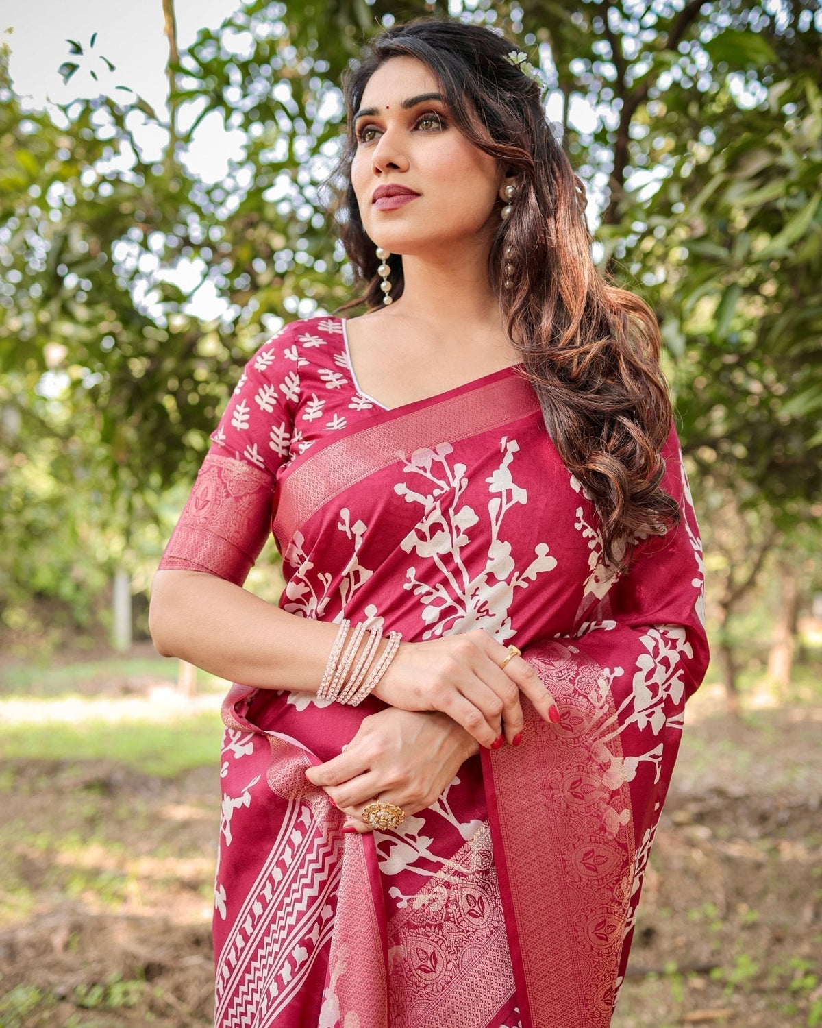 Maroon Tussar Silk Saree with White Floral Motifs, Intricate Zari