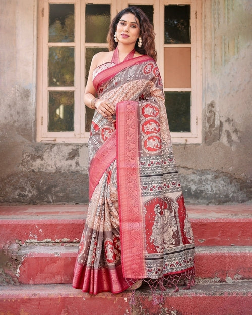 Beige and Red Tussar Silk Saree with Traditional Motifs and Ornamental