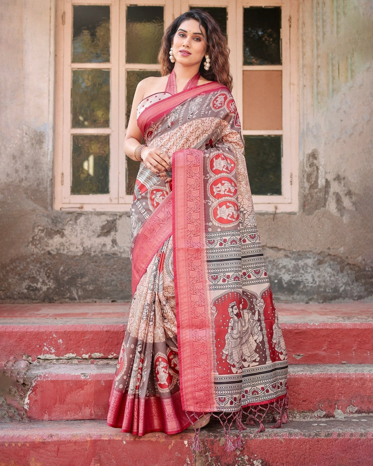 Beige and Red Tussar Silk Saree with Traditional Motifs and Ornamental