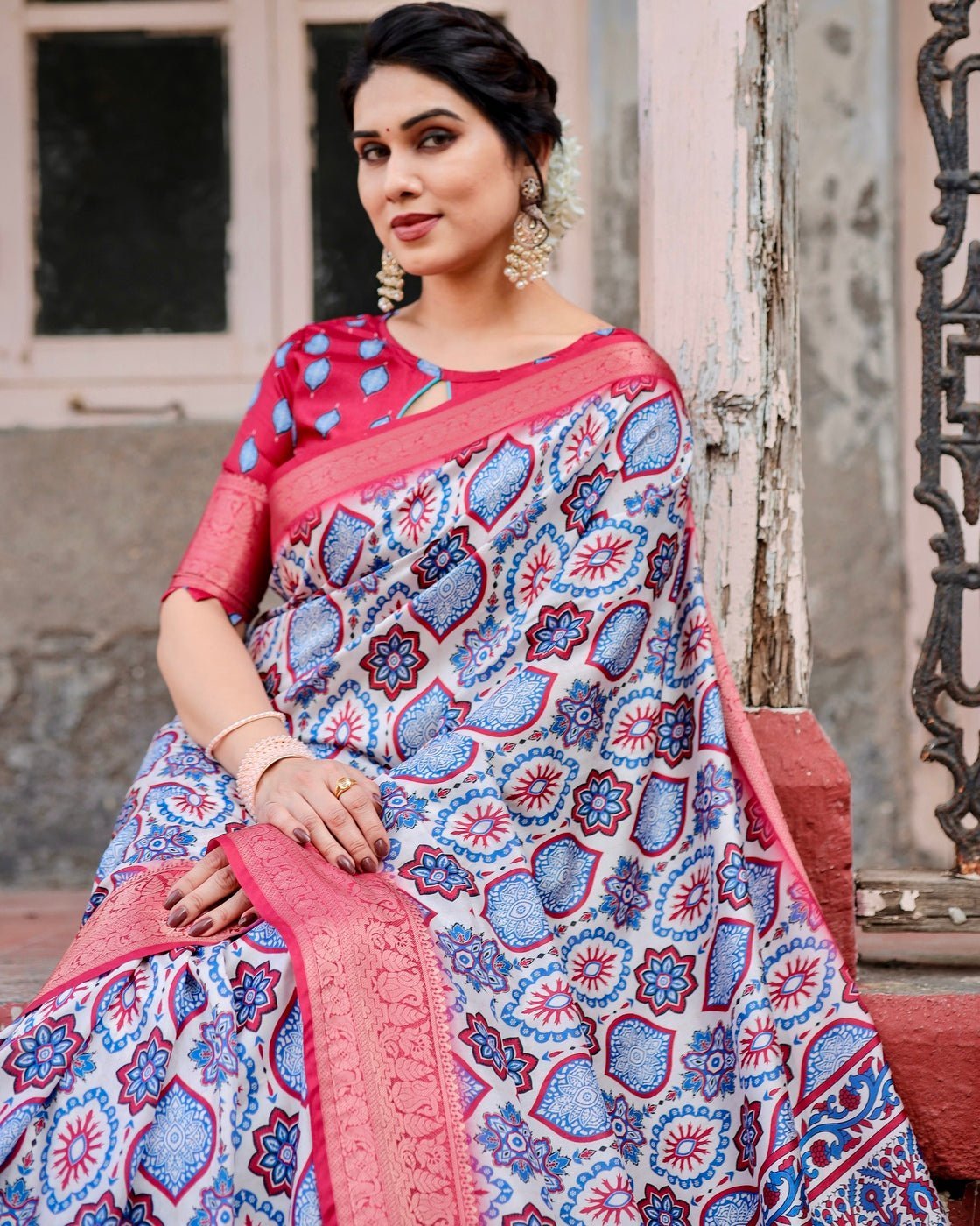 White and Red Tussar Silk Saree with Vibrant Floral Geometric Motifs