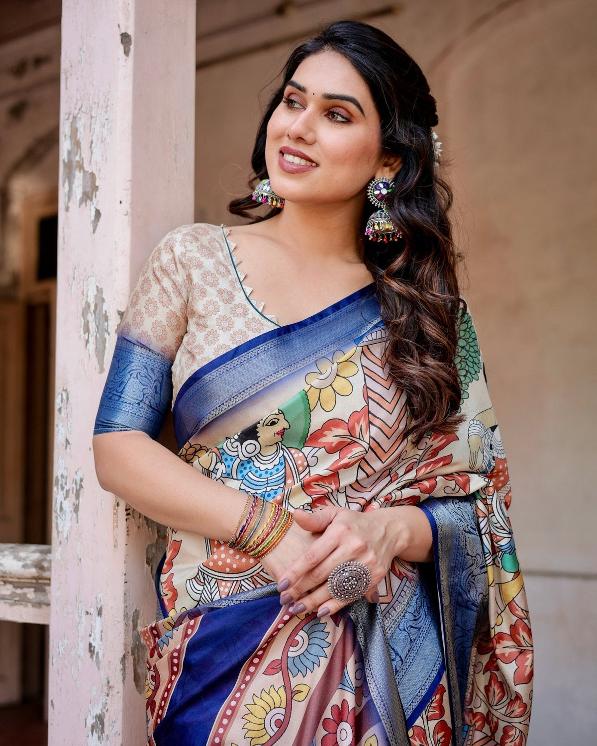 Multicolor Tussar Silk Saree with Artistic Floral Motifs and