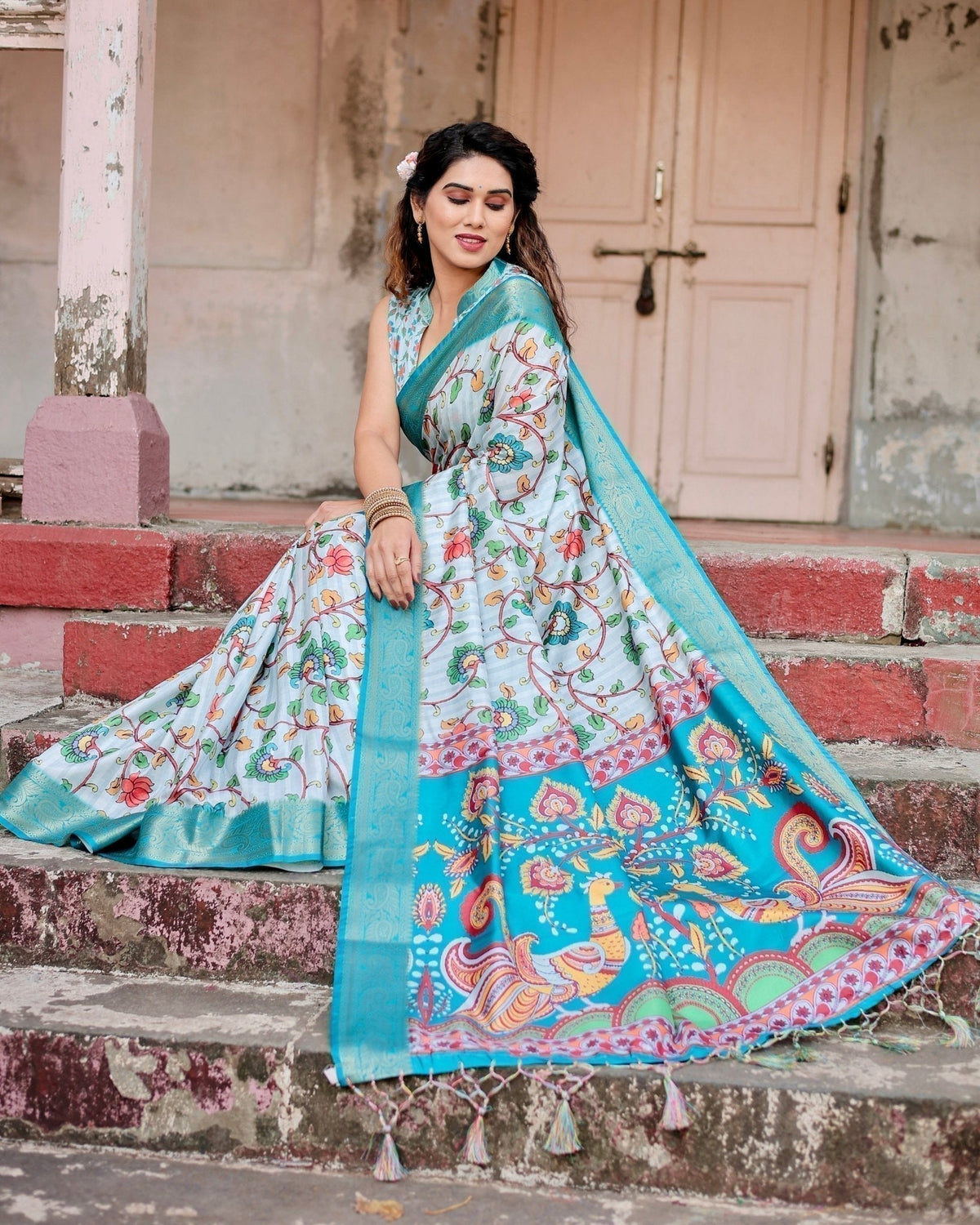 Sky Blue Tussar Silk Saree with Multicolor Floral Design and Zari