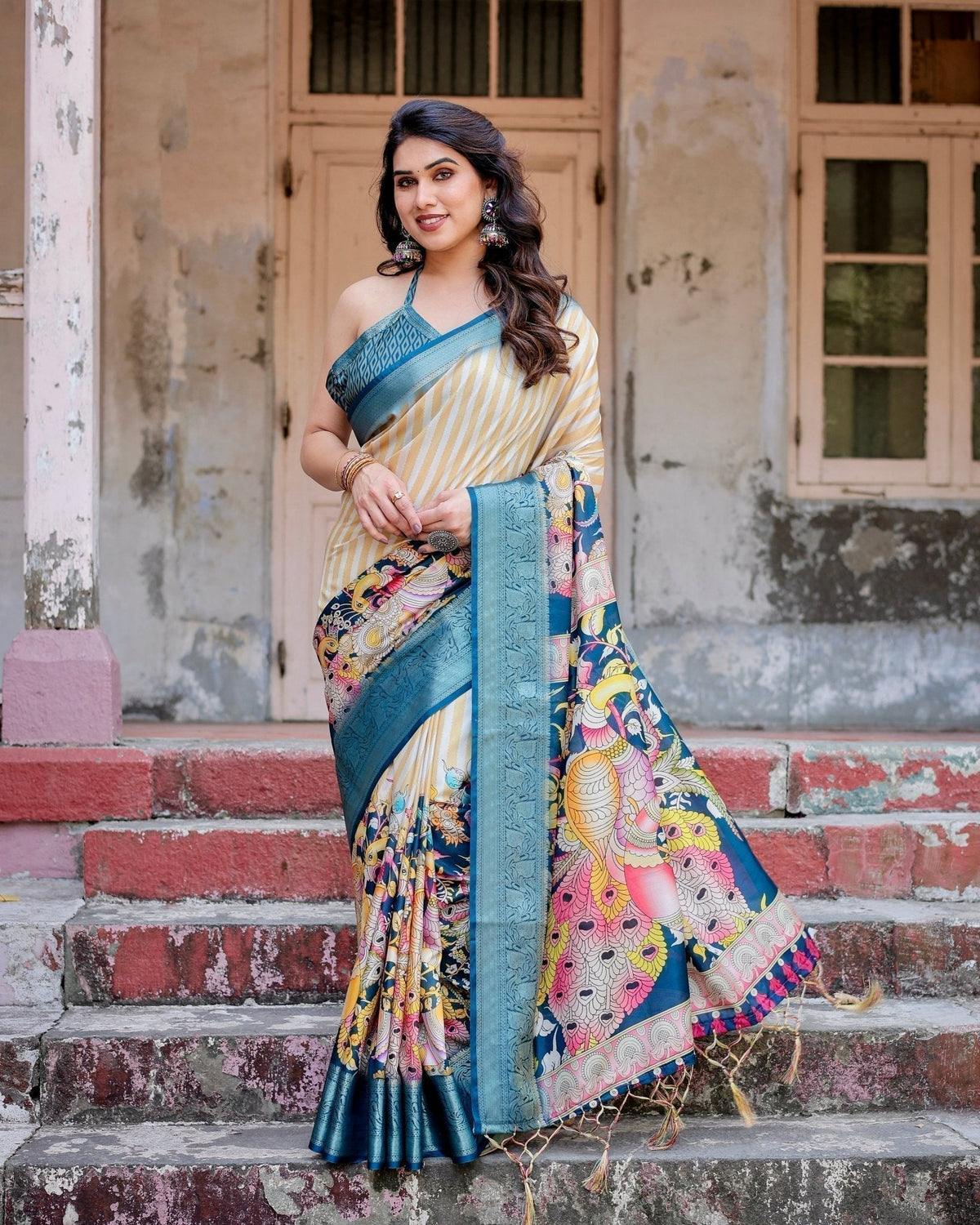 Beige & Teal Tussar Silk Saree with Intricate Kalamkari and Zari