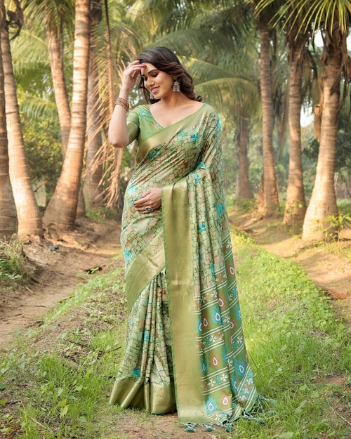 Elegant Light Green Tussar Silk Saree with Zari Motif Border and
