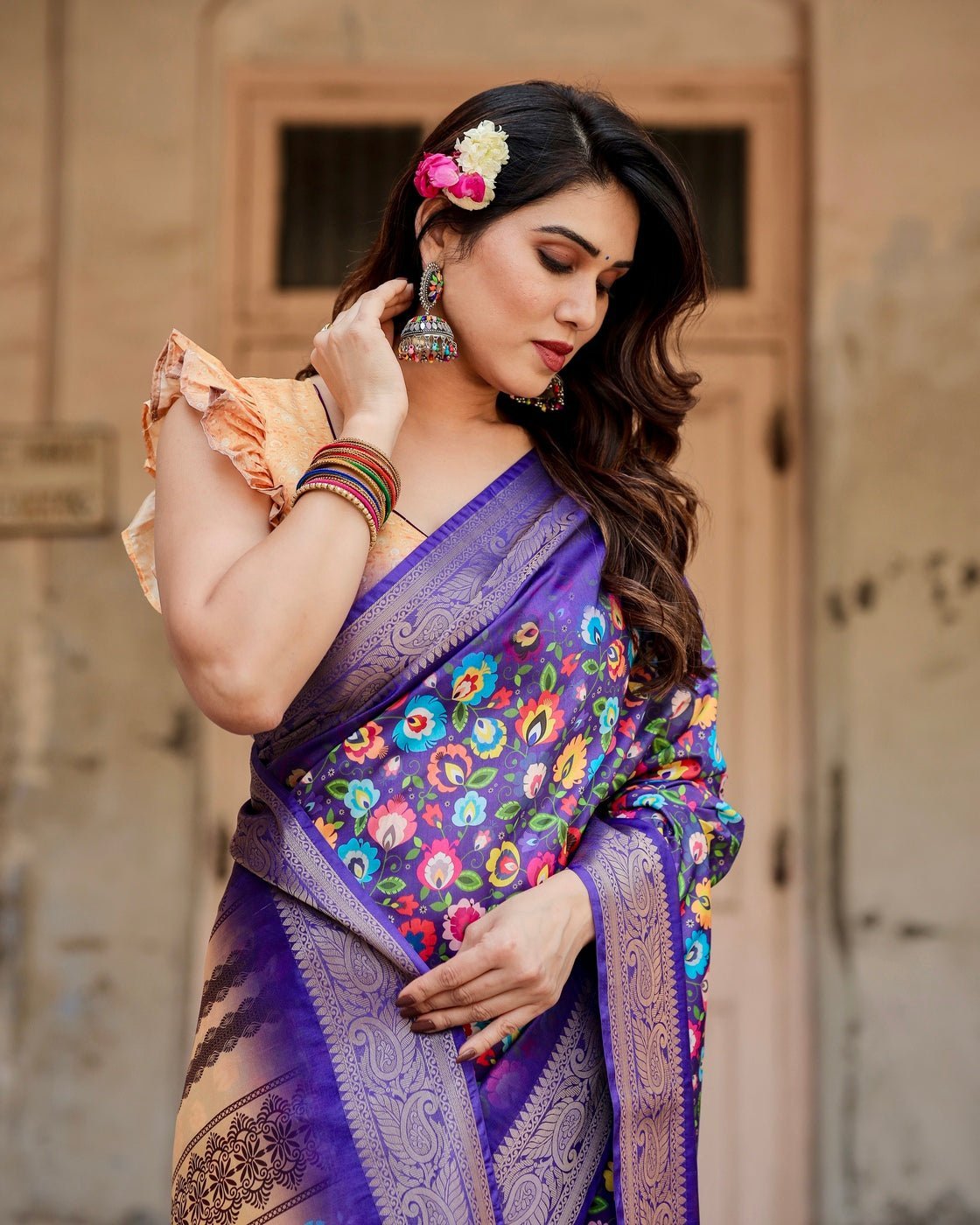 Royal Purple Tussar Silk Saree with Vibrant Floral Print and Peacock